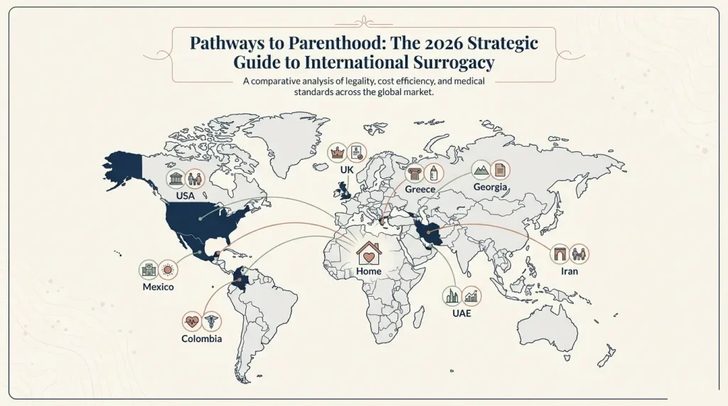 A world map infographic showing top surrogacy hubs in 2026, including the USA, Mexico, Colombia, UK, Greece, Georgia, UAE, and Iran, highlighting the strategic guide to international surrogacy pathways.