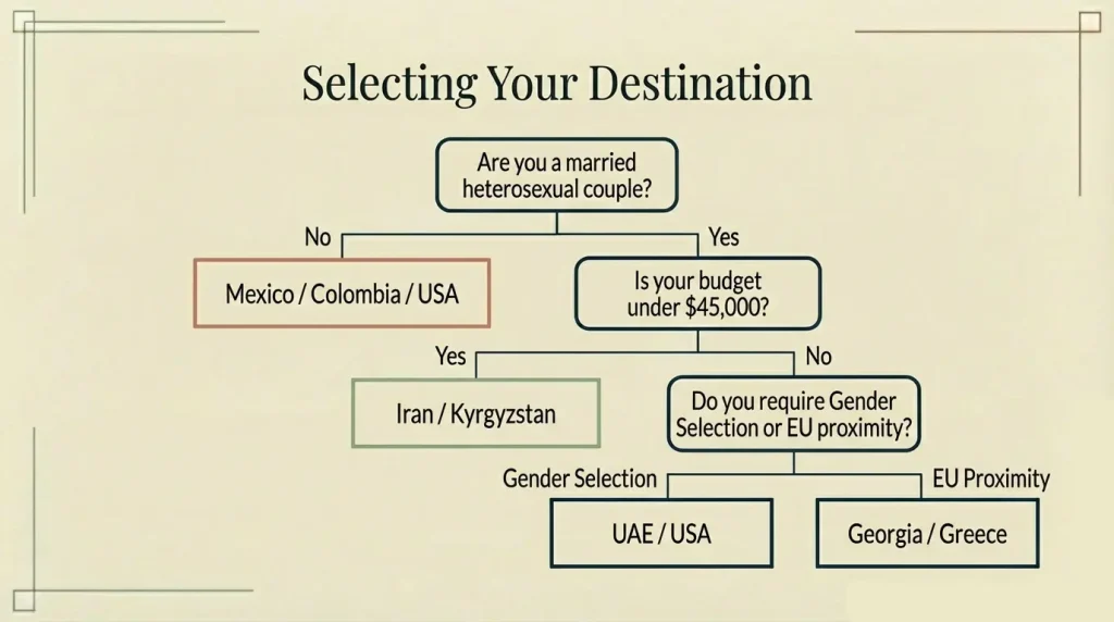 A decision flowchart for selecting a surrogacy country in 2026, helping parents choose between Iran, Mexico, USA, or UAE based on marital status, budget under $45,000, and gender selection requirements.