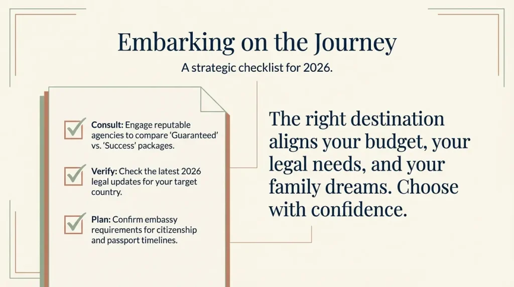 A 2026 surrogacy checklist for intended parents, focusing on consulting reputable agencies, verifying legal updates, and planning for embassy requirements and citizenship timelines.