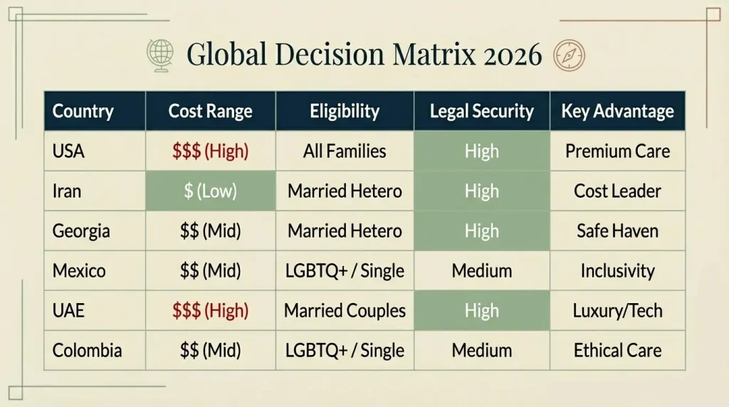 A decision matrix table for 2026 surrogacy destinations like Iran, USA, and UAE, comparing cost ranges, eligibility for married or LGBTQ+ couples, and legal security levels.