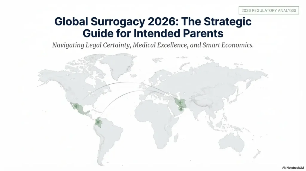 A world map illustrating the 2026 strategic guide for intended parents, highlighting key surrogacy hubs with the tagline 'Navigating Legal Certainty, Medical Excellence, and Smart Economics