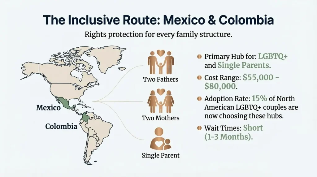 A map of Latin America highlighting Mexico and Colombia as primary hubs for LGBTQ+ and single parents, showing a $55k-$80k cost range and short wait times of 1-3 months.
