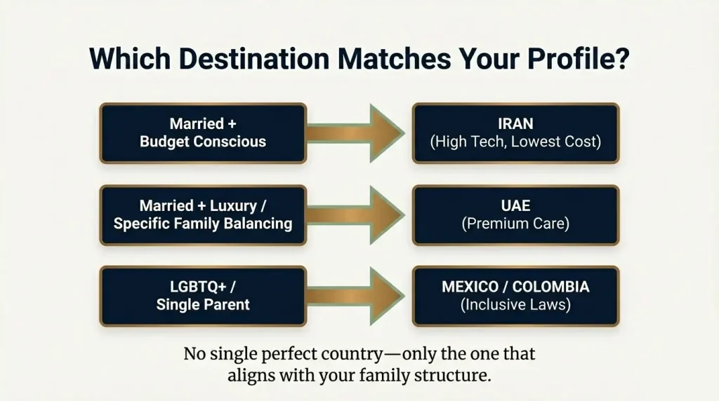 A decision chart matching parent profiles to countries: Iran for married budget-conscious, UAE for luxury and family balancing, and Mexico/Colombia for LGBTQ+ or single parents.