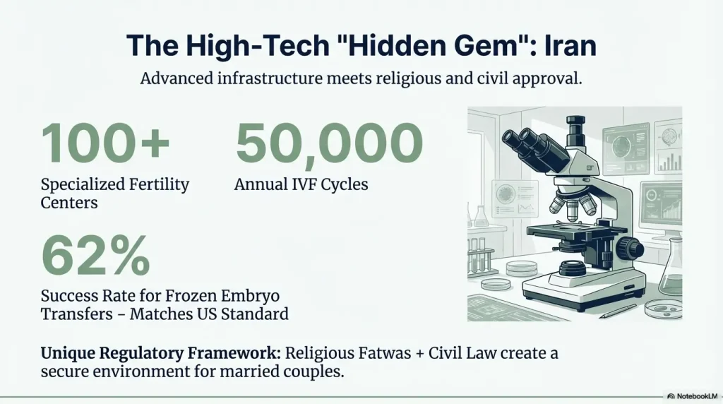 Infographic detailing Iran's surrogacy advantages: 100+ specialized centers, 50,000 annual IVF cycles, and a 62% success rate for frozen embryo transfers under a unique regulatory framework.