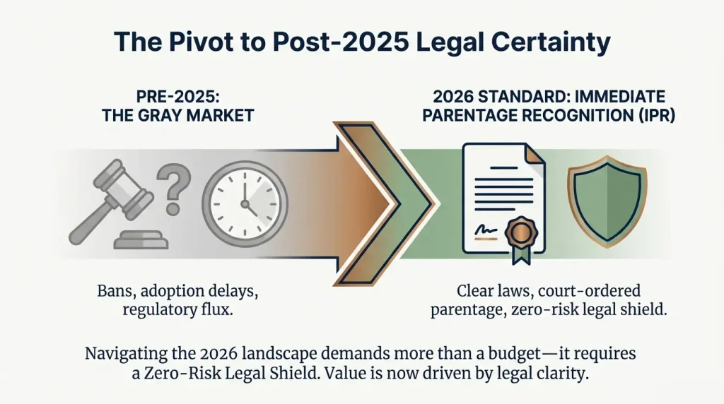 Infographic showing the pivot from pre-2025 gray markets with adoption delays to the 2026 standard of Immediate Parentage Recognition (IPR) and zero-risk legal shields.