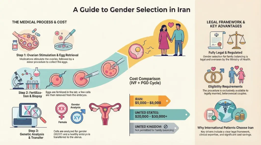 Gender Selection in Iran 4 An infographic titled "A Guide to Gender Selection in Iran" presenting the medical process, cost comparison, and legal framework. The left section outlines the three-step IVF and PGD process: ovarian stimulation and egg retrieval, fertilization and embryo biopsy (with gender analysis showing 'Female' as an example), and genetic analysis and embryo transfer. The center compares the total cost of an IVF+PGD cycle: Iran ($5,000 – $8,000), the United States ($20,000 – $30,000+), and notes it is not permitted for family balancing in the United Kingdom. The right section lists Iran's legal framework (fully legal and regulated by the Ministry of Health for married heterosexual couples) and key advantages for international patients, including its legality, expertise, and affordability.
