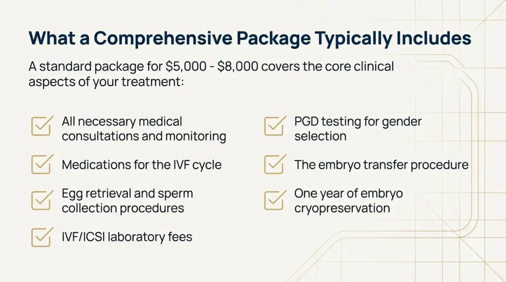 Gender Selection in Iran 6 An illustration of a standard medical package for IVF with PGD for gender selection in Iran, costing between $5,000 and $8,000. The graphic lists included items with checkmarks: medical consultations and monitoring, IVF cycle medications, egg retrieval and sperm collection procedures, IVF/ICSI laboratory fees, PGD testing for gender selection, the embryo transfer procedure, and one year of embryo cryopreservation.
