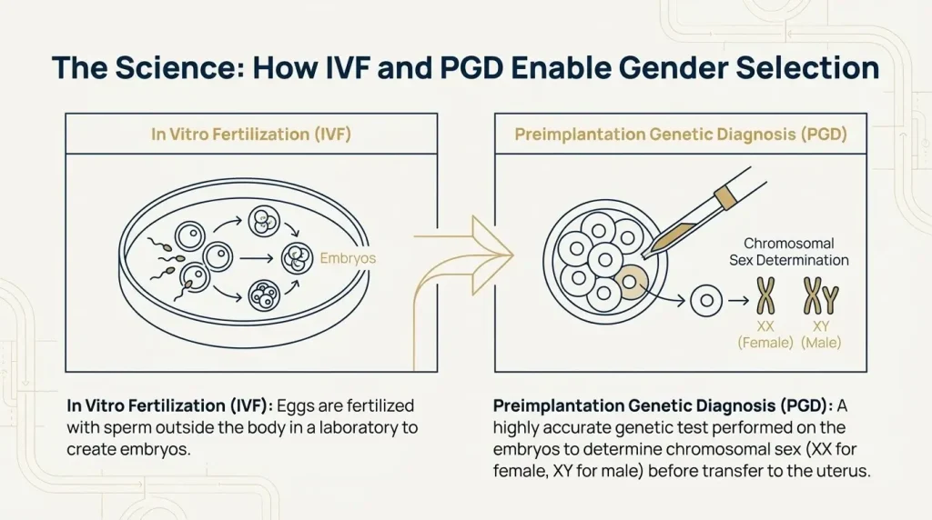 Gender Selection in Iran 1 An infographic illustrating the two-step medical process of gender selection. On the left, the In Vitro Fertilization (IVF) stage shows sperm fertilizing eggs in a lab dish to create multiple embryos. On the right, the Preimplantation Genetic Diagnosis (PGD) stage depicts how embryos are tested to determine chromosomal sex—XX for female and XY for male—before being selected for transfer to the uterus.