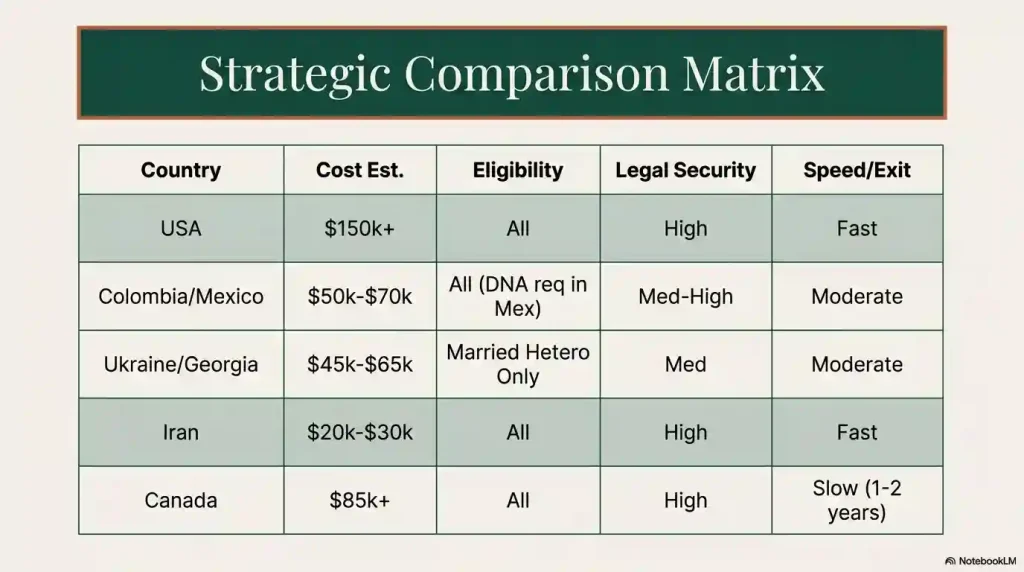 A data table comparing surrogacy in the USA, Colombia/Mexico, Ukraine/Georgia, Iran, and Canada based on cost, eligibility, legal security, and exit speed. It shows Iran and the USA as the fastest options, while Canada is listed as high security but slow speed.