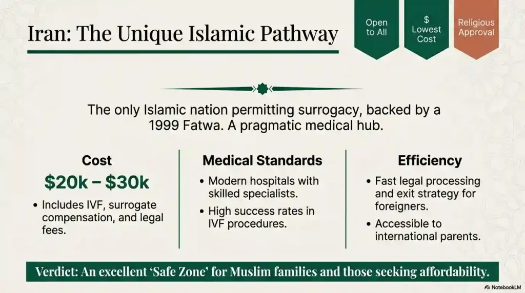 A guide to surrogacy in Iran, the unique Islamic pathway backed by a 1999 Fatwa. It shows the lowest costs ($20k-$30k), high medical standards, and fast exit strategies for foreigners.