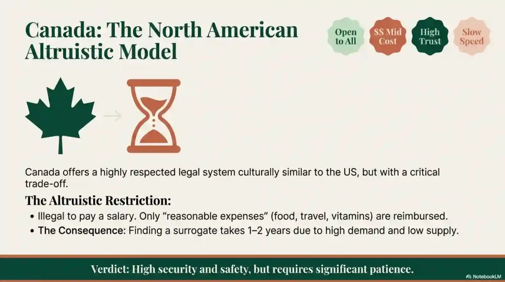 An infographic explaining the Canadian surrogacy model, where only expenses are reimbursed. It notes that while it is high trust and mid-cost, it has a slow speed with a 1-2 year wait time.