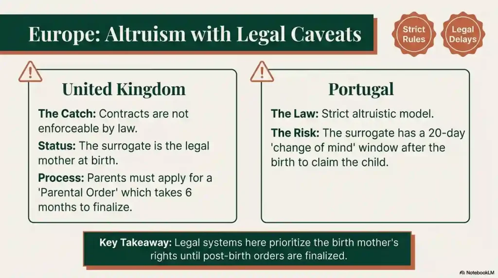 An infographic titled "Europe: Altruism with Legal Caveats" comparing the United Kingdom and Portugal. It explains that UK contracts are not enforceable and requires a 6-month process for a Parental Order. For Portugal, it highlights the strict altruistic model and a 20-day "change of mind" window for the surrogate.