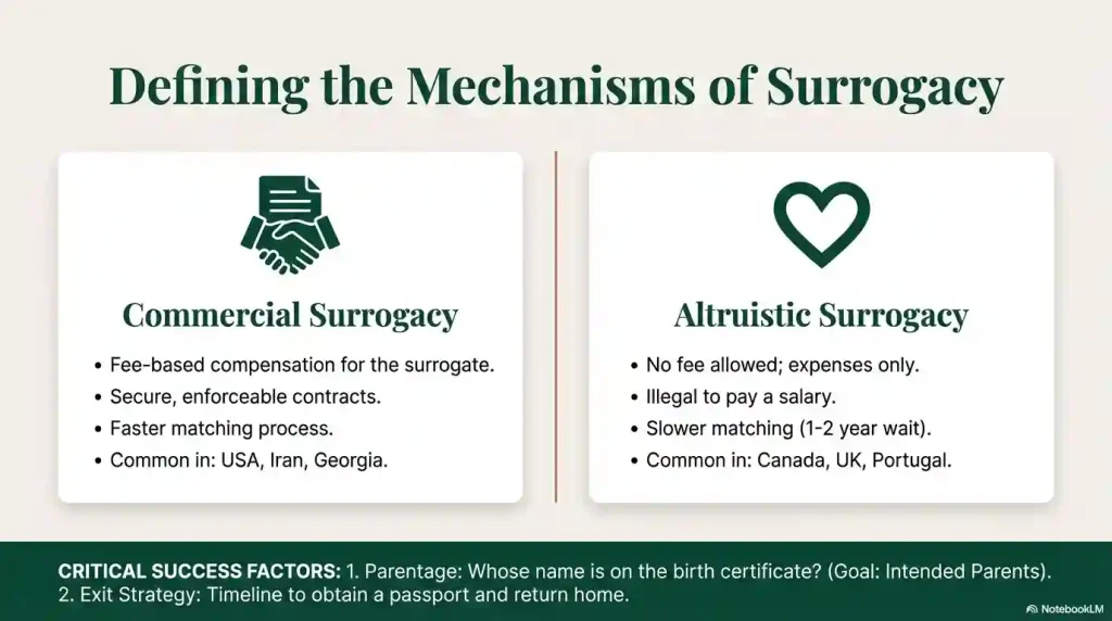An educational graphic defining the mechanisms of surrogacy, comparing Commercial Surrogacy (USA, Iran, Georgia) with Altruistic Surrogacy (Canada, UK, Portugal), and highlighting critical success factors like parentage and exit strategy.