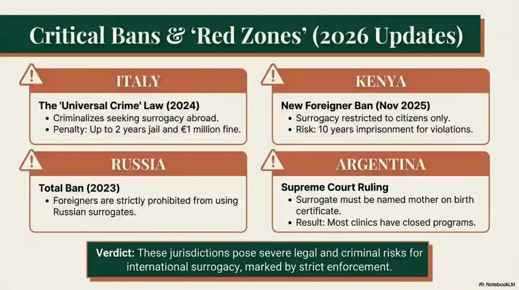 An infographic listing "Critical Bans & Red Zones" for 2026, including Italy’s "Universal Crime" law, Kenya’s November 2025 ban on foreigners, Russia’s total ban for foreigners, and Argentina’s Supreme Court ruling. It warns of severe legal and criminal risks in these jurisdictions.