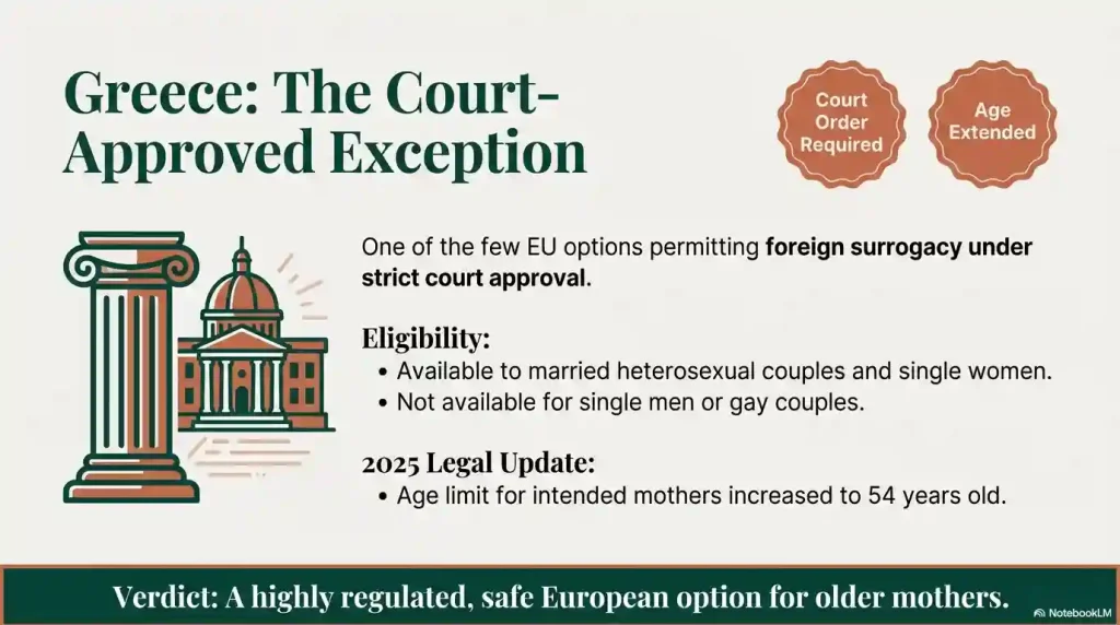 A guide to surrogacy in Greece showing it is a highly regulated European option requiring court approval. It lists eligibility for married heterosexual couples and single women and mentions the 2025 legal update that increased the age limit for intended mothers to 54 years old.