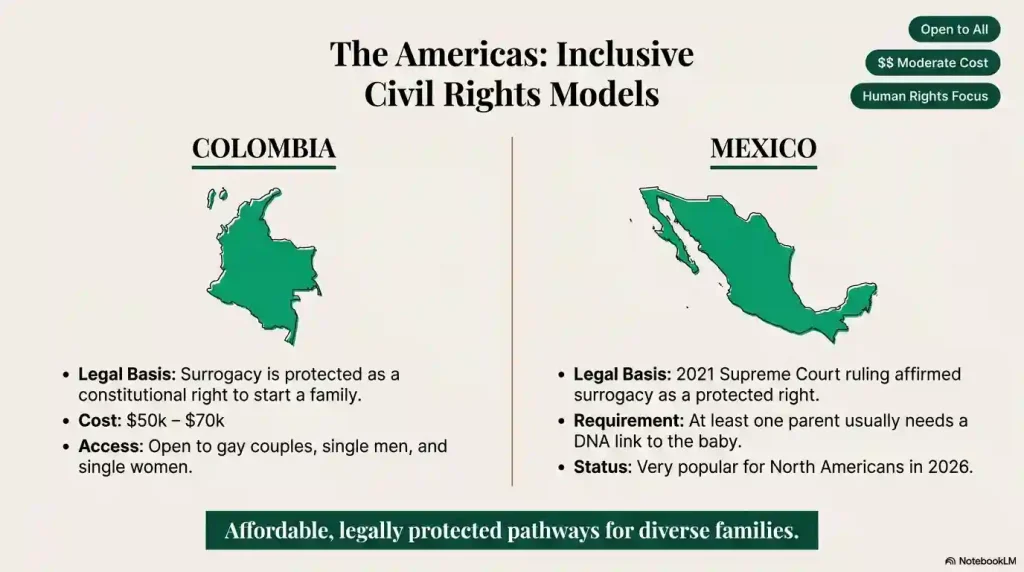 An infographic titled "The Americas: Inclusive Civil Rights Models" comparing Colombia and Mexico. It shows Colombia as a constitutional right costing $50k–$70k and open to gay couples and single parents. Mexico is noted for its 2021 Supreme Court ruling and popularity for North Americans in 2026.