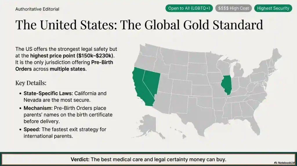 A guide to surrogacy in the USA, labeled as the "Global Gold Standard" for its legal safety. It highlights California and Nevada as the most secure states for pre-birth orders.