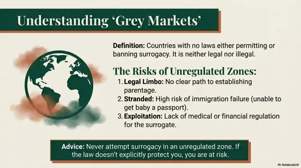 An educational graphic defining "Grey Markets" as countries with no explicit laws for or against surrogacy. It lists risks such as legal limbo, being stranded without a passport for the baby, and surrogate exploitation, advising parents to avoid unregulated zones.