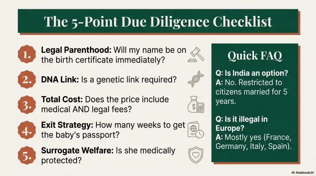 An infographic showing a 5-point checklist for choosing a surrogacy country: Legal Parentage, DNA Link, Total Cost, Exit Strategy, and Surrogate Welfare. It also includes a Quick FAQ stating that India is restricted to citizens and surrogacy is mostly illegal in Western Europe.