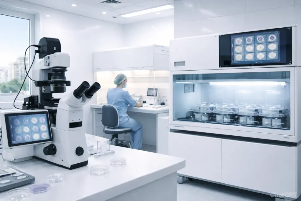 Surrogacy Services in Iran 1 Modern IVF laboratory equipped with advanced reproductive technology, including embryo incubators, high-resolution microscopes, and fertility monitoring systems in a clean, state-of-the-art medical facility in Iran.