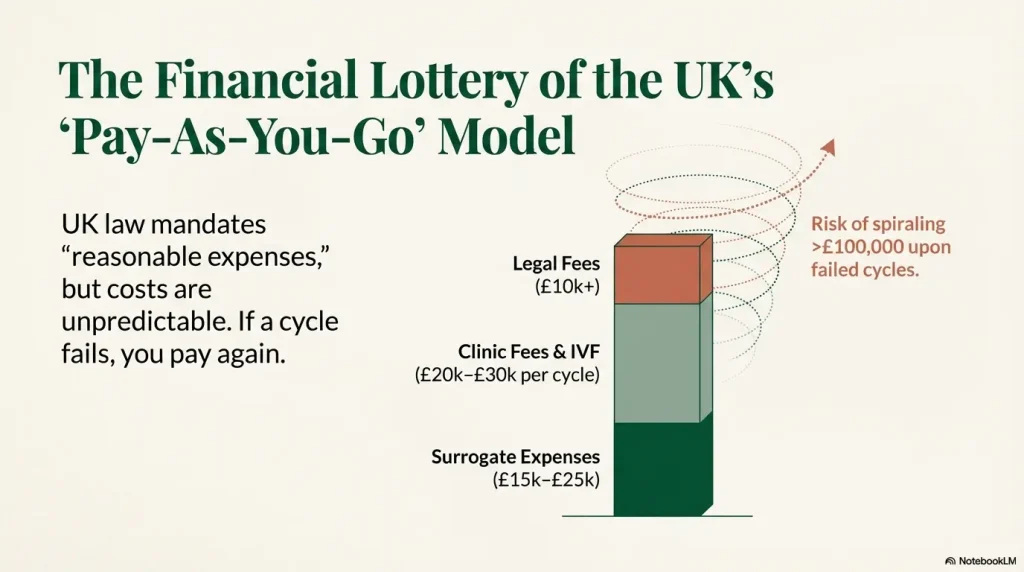 Vertical bar chart showing UK surrogacy costs including clinic fees, legal fees, and surrogate expenses.