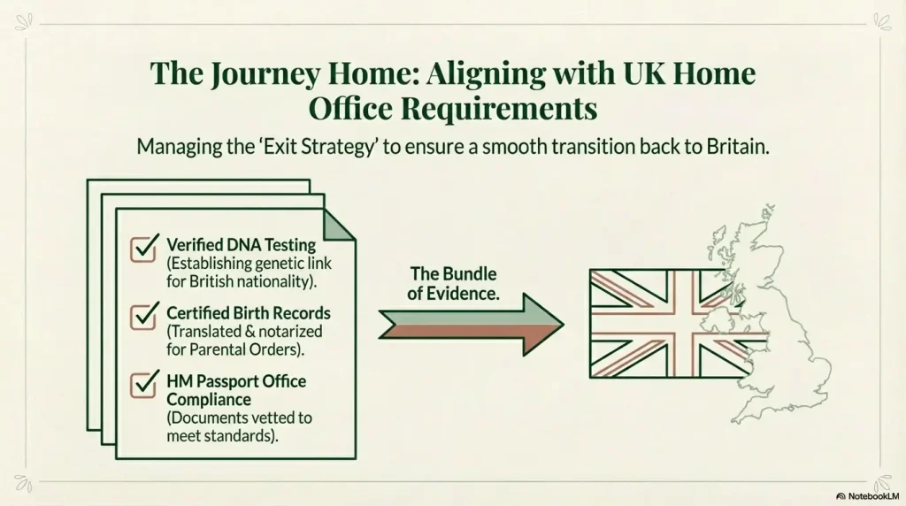 Diagram showing the bundle of evidence required for bringing a baby born via surrogacy in Iran back to the UK.