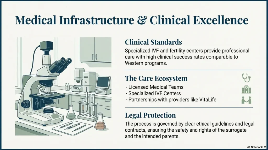 A graphic showing a laboratory microscope next to text detailing Iran's clinical standards. It mentions licensed medical teams, specialized IVF centers, and high success rates comparable to Western programs.