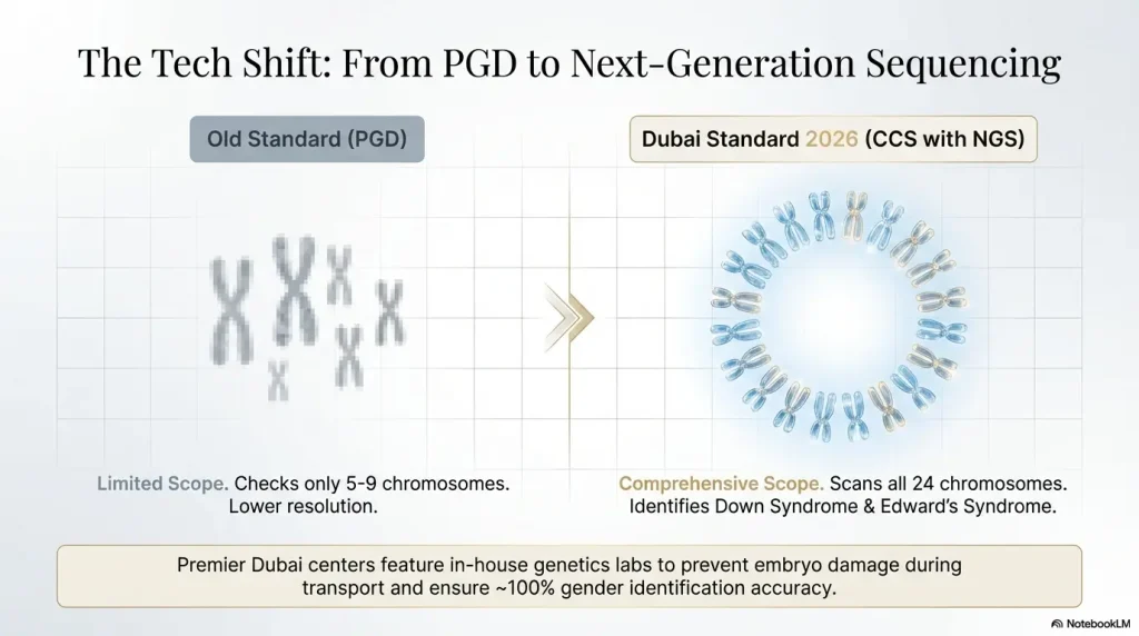 Gender Selection in Dubai 1 An infographic showing the tech shift from PGD to CCS with NGS for gender selection in Dubai, highlighting the screening of all 24 chromosomes for 100% accuracy.