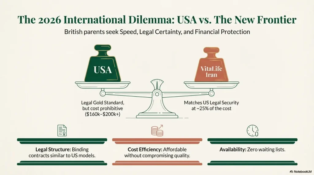 Scale diagram comparing the high cost of USA surrogacy with the affordable and secure legal structure in Iran