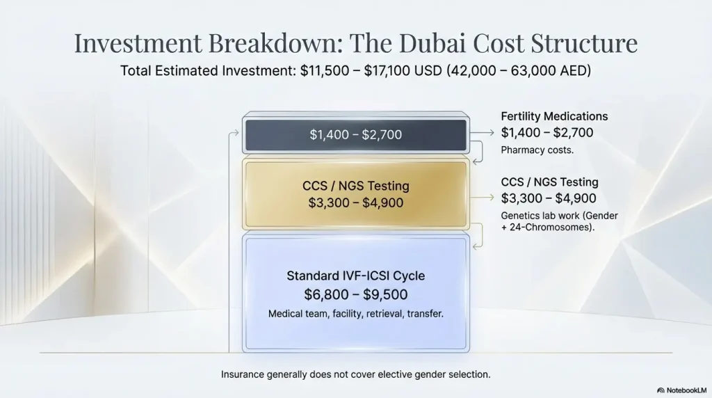 Gender Selection in Dubai 2 An infographic detailing the Dubai cost structure for gender selection, showing an estimated total investment of $11,500 to $17,100 USD, including IVF cycle, CCS/NGS testing, and fertility medications.