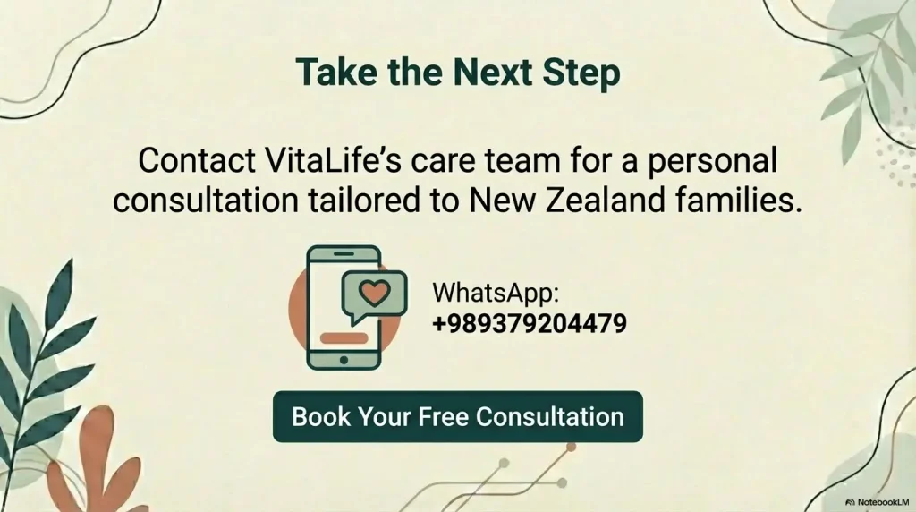 A concluding slide with a decorative floral background inviting New Zealand families to book a free consultation via WhatsApp at +989379204479.