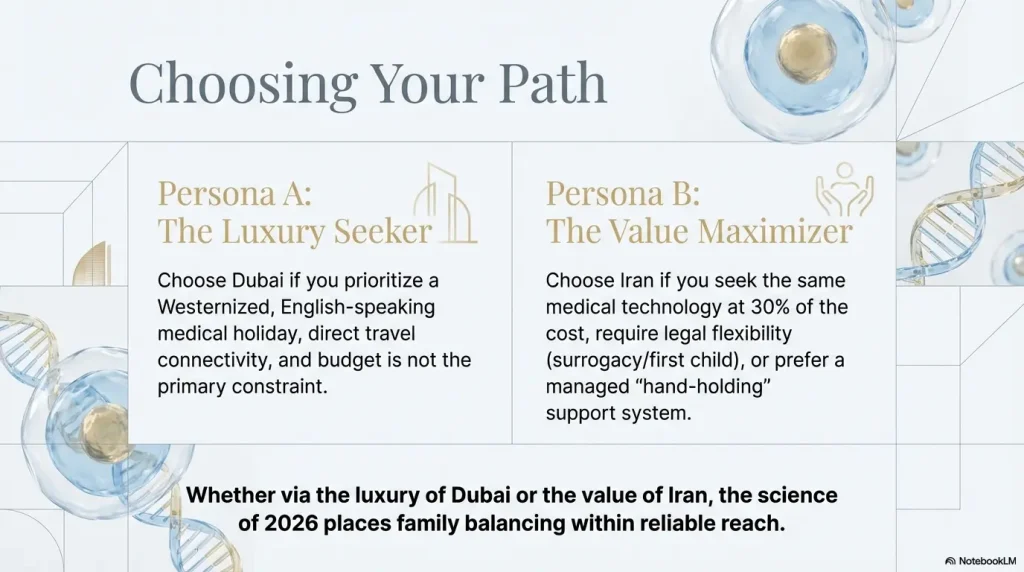 Gender Selection in Dubai 6 A comparison between Persona A (The Luxury Seeker) choosing Dubai for luxury and connectivity, and Persona B (The Value Maximizer) choosing Iran for cost savings and legal flexibility like surrogacy.