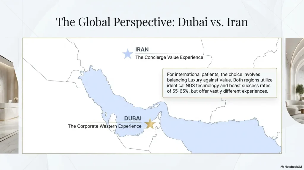 Gender Selection in Dubai 4 A strategic map comparing the fertility treatment experiences in Dubai and Iran. Dubai is labeled as 'The Corporate Western Experience' and Iran as 'The Concierge Value Experience.' The infographic notes that both regions use identical NGS technology with success rates of 55-65%.