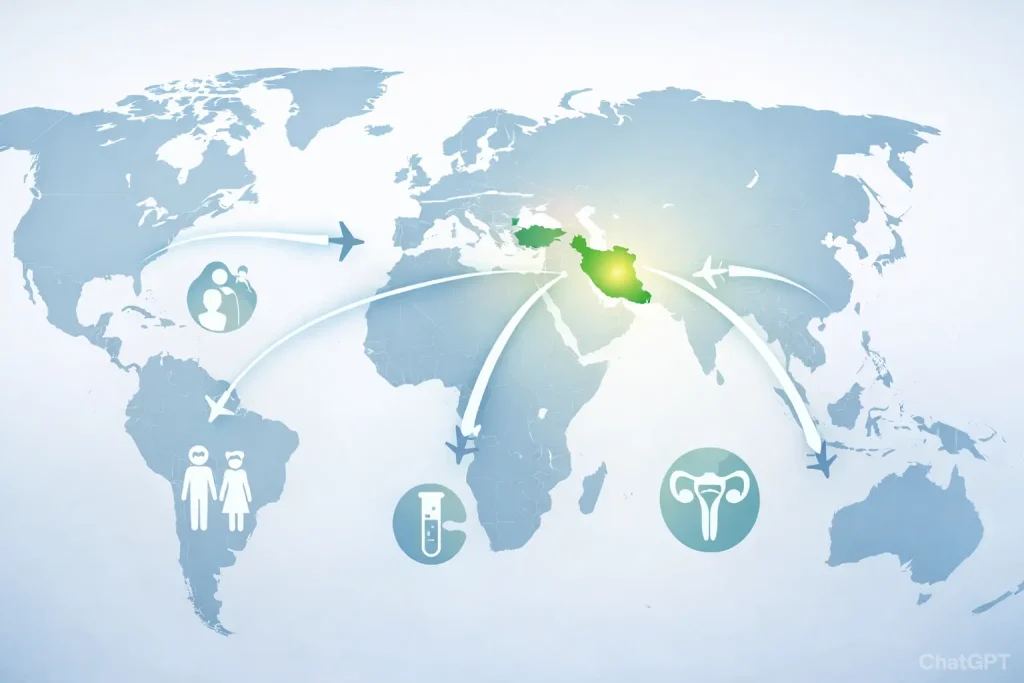 Surrogacy Services in Iran 3 World map highlighting Iran as a leading destination for infertility treatment, with flight paths from multiple continents pointing toward Iran and medical fertility icons symbolizing IVF and reproductive care.