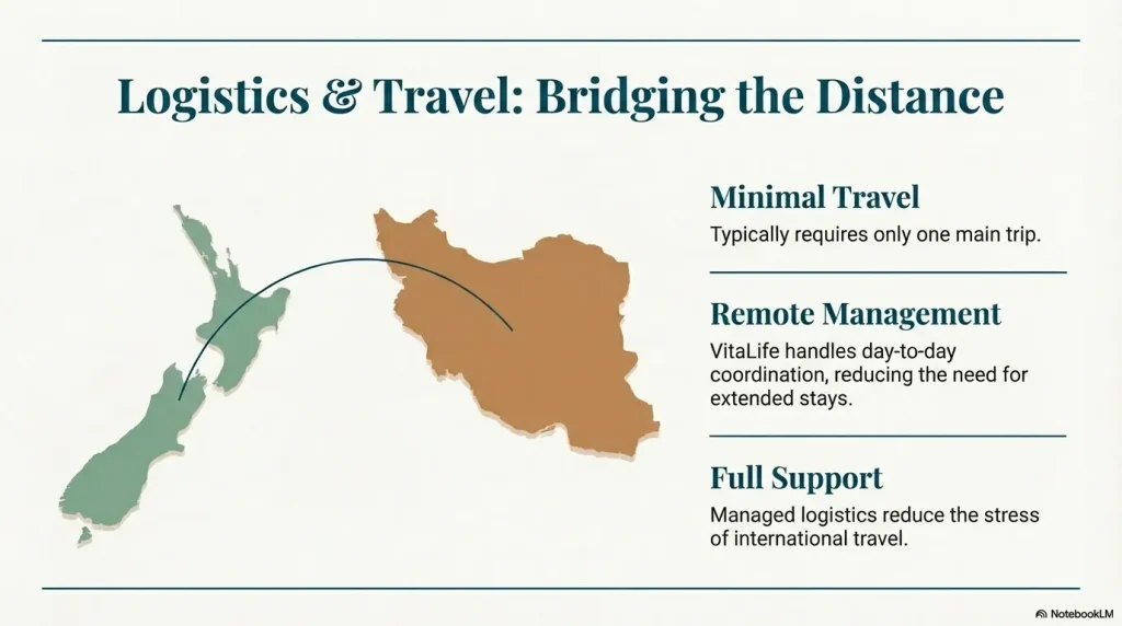 A map showing a connection between New Zealand and Iran. The text explains that the process typically requires only one main trip, with VitaLife handling day-to-day coordination and logistics.