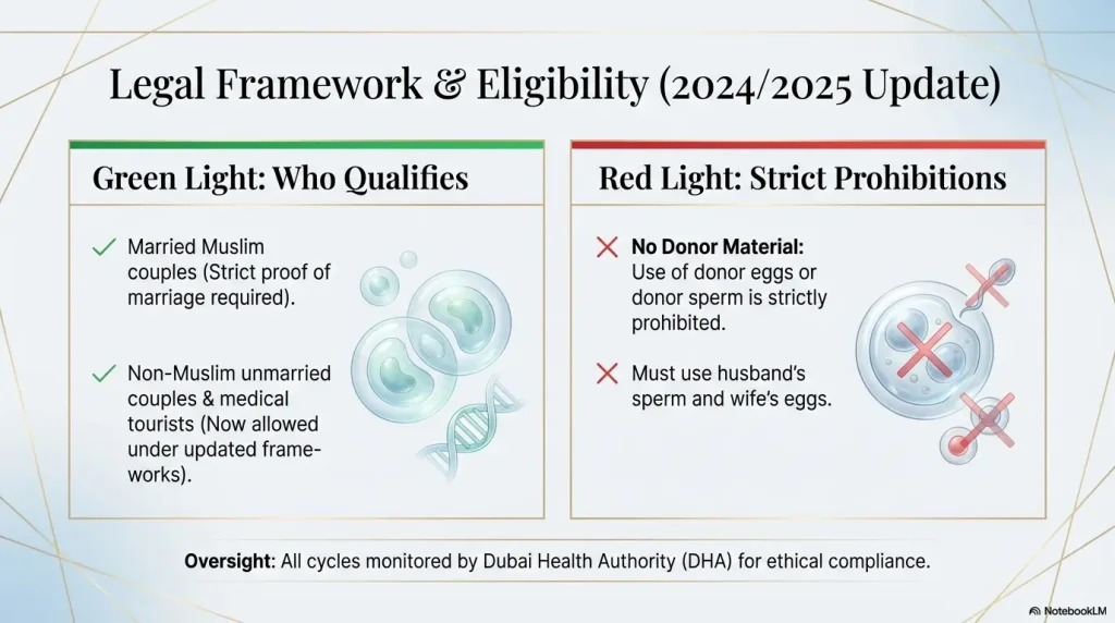 Gender Selection in Dubai 3 An infographic detailing the legal requirements for gender selection in Dubai, noting that married Muslim couples and non-Muslim unmarried couples or medical tourists are eligible, while the use of donor eggs or sperm is strictly prohibited.