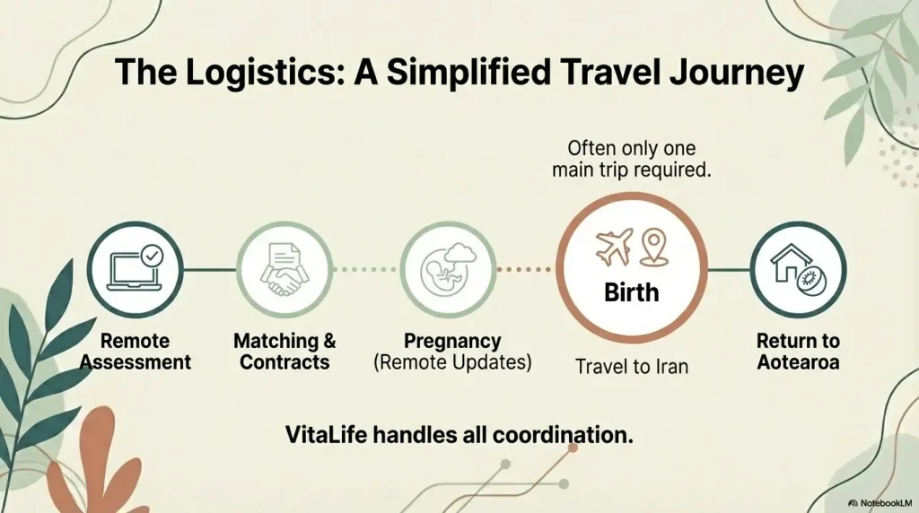 An infographic titled "The Logistics: A Simplified Travel Journey" outlining the five stages of international surrogacy for New Zealand families. The process includes Remote Assessment, Matching & Contracts, Pregnancy with remote updates, Travel to Iran for the Birth (often the only main trip required), and finally the Return to Aoteaora. The graphic emphasizes that VitaLife handles all coordination throughout the journey.