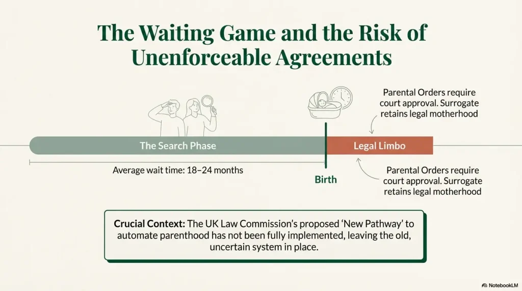 Timeline chart showing the 18-24 month wait time for UK surrogacy and the legal uncertainty after birth