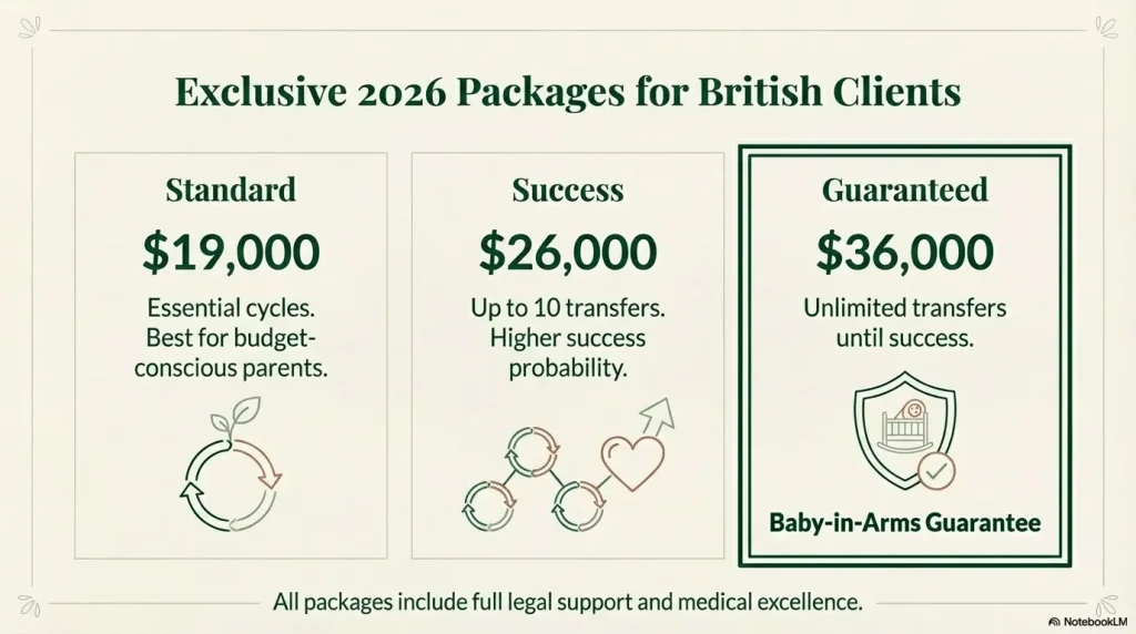 Comparison of VitaLife surrogacy packages: Standard, Success, and Baby-in-Arms Guaranteed plans.