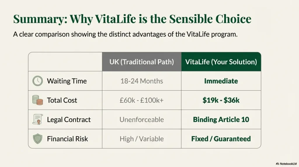 Comparative table showing waiting times, costs, and legal contracts between UK and VitaLife Iran surrogacy.